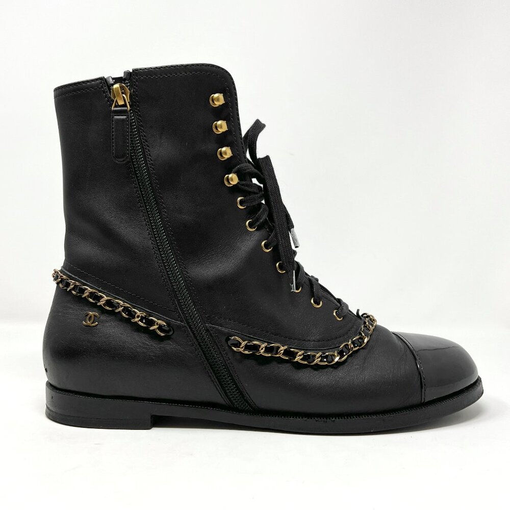 Chanel Lace‑Up Leather Boots Black/Gold Chain Patent Toecap Size 41 EU - Picture 3 of 10